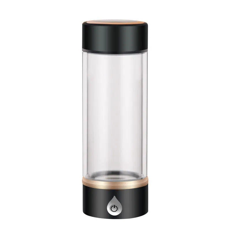 380ml portable hydrogen water ionizer bottle in black with high borosilicate glass body and 22cm height