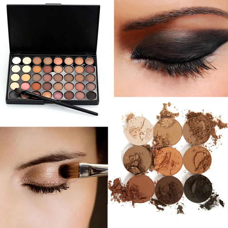 40-colour matte and glitter eyeshadow palette with a brush, showing earth tones and vibrant shades in one case