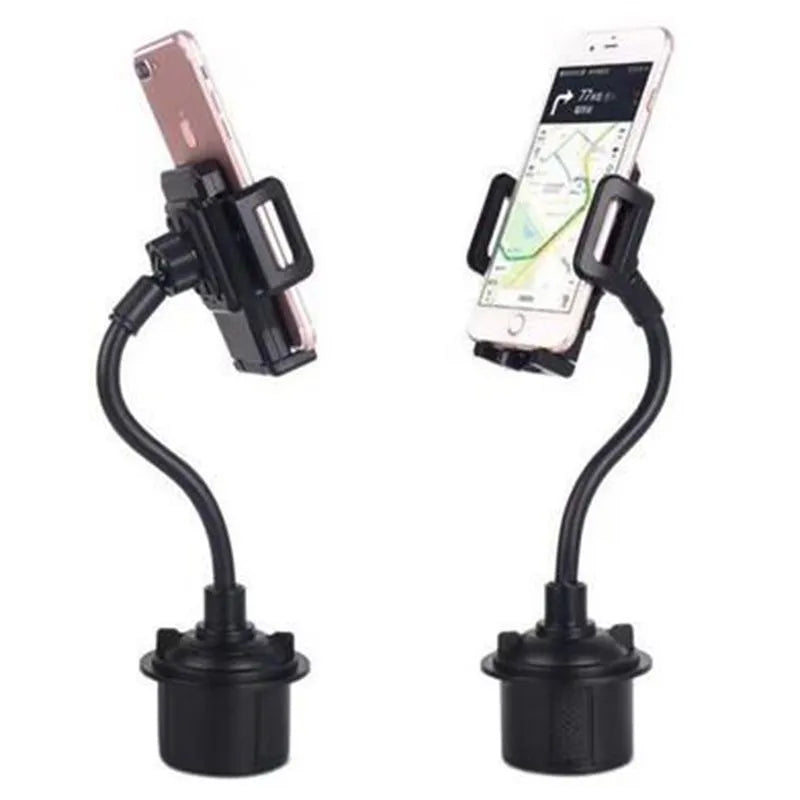 Black universal car phone mount bracket with suction cup and adjustable side handles on windshield