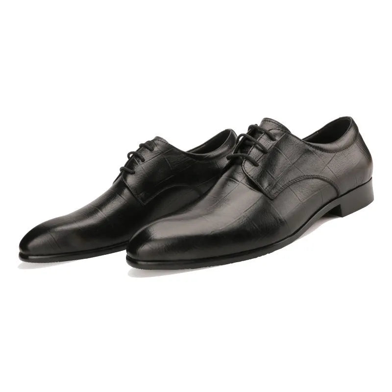 Men's black leather derby shoes with pointed toe and checkered stitching detail