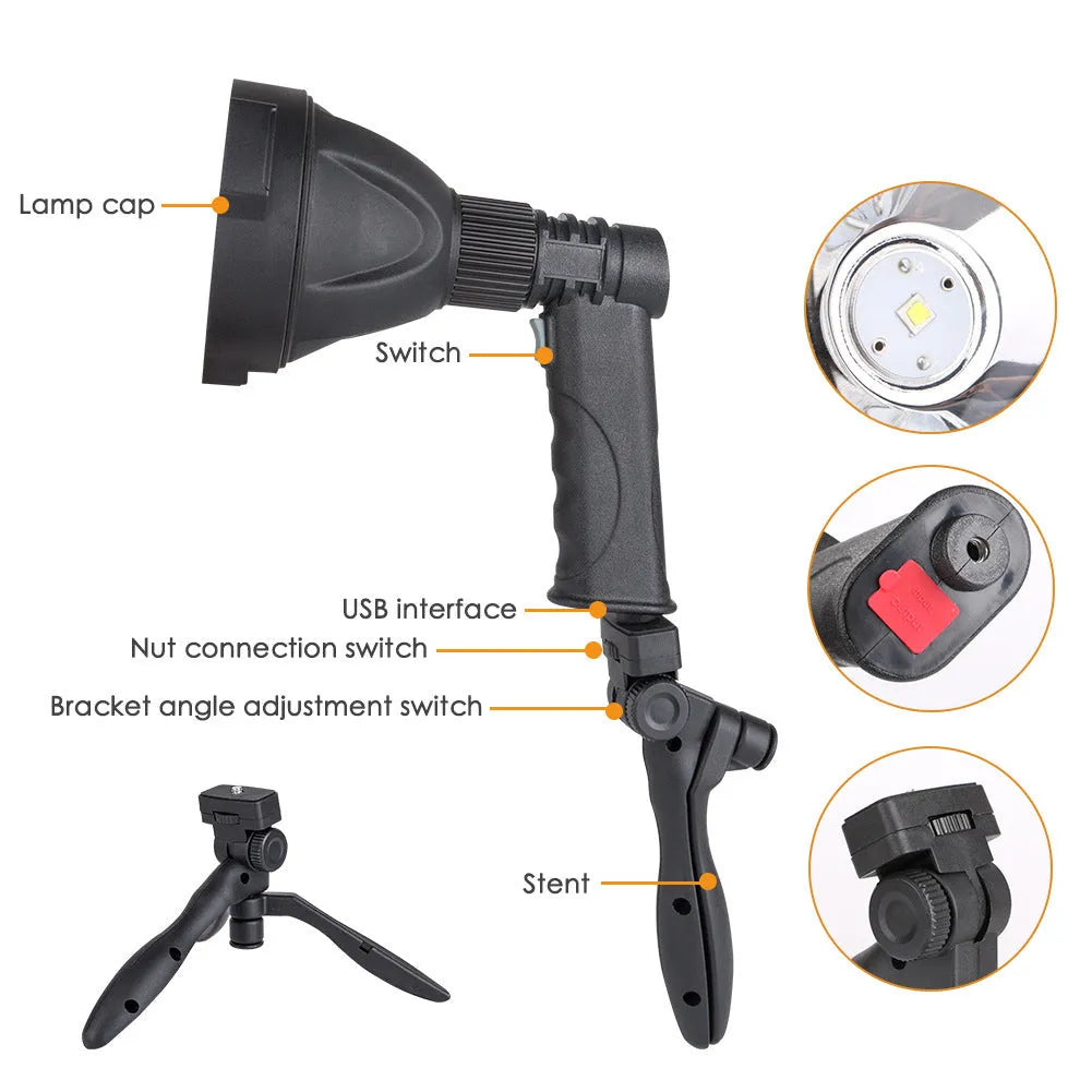 L2 strong light long-range bracket type flashlight with tripod, black PVC body, USB charging port, 4000 mAh battery