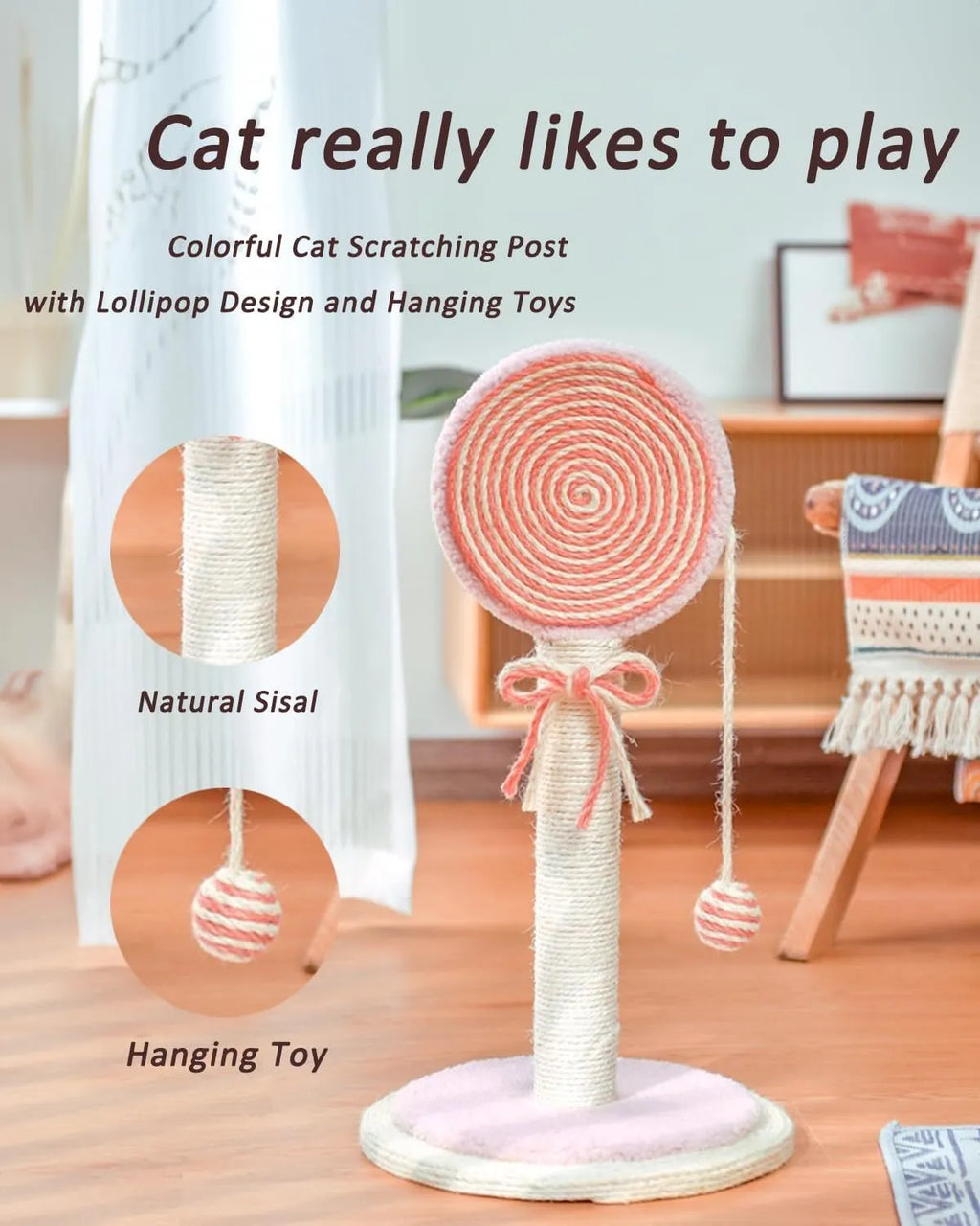 Blue cat scratching post with sisal rope and a hanging toy ball on a sturdy wooden base