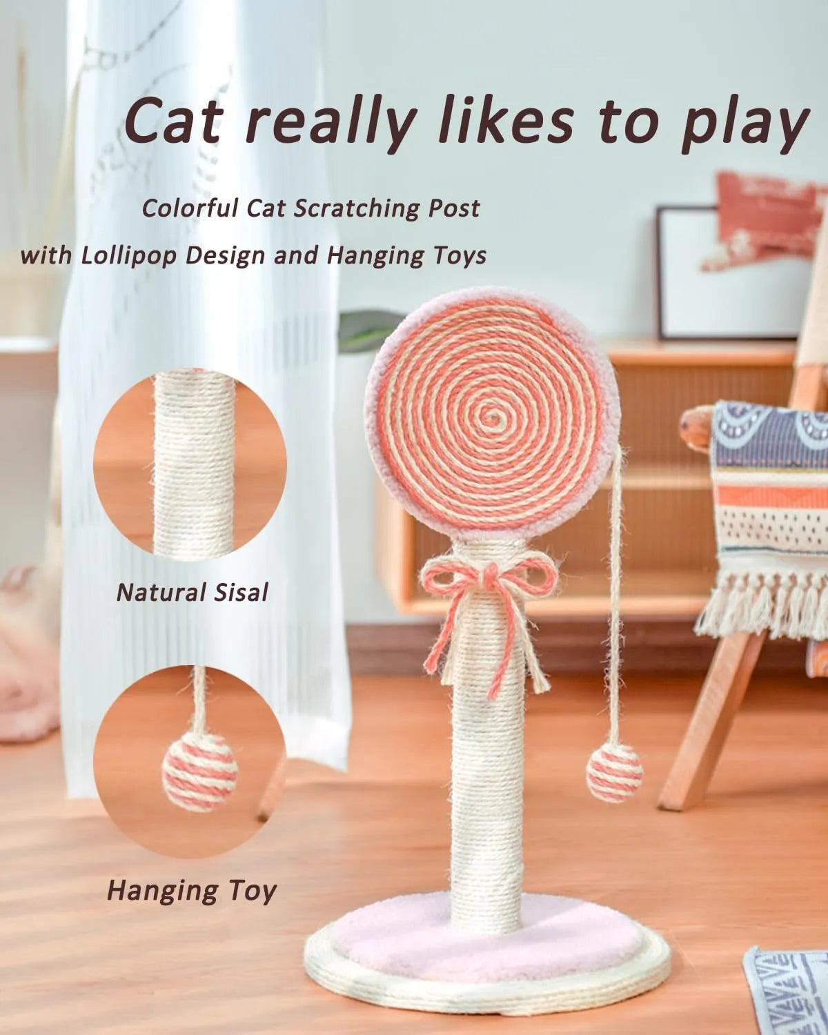 Blue cat scratching post with sisal rope and a hanging toy ball on a sturdy wooden base