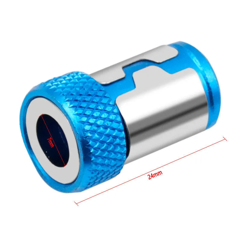 Light blue magnetic screwdriver bit with slotted head and high-carbon steel construction