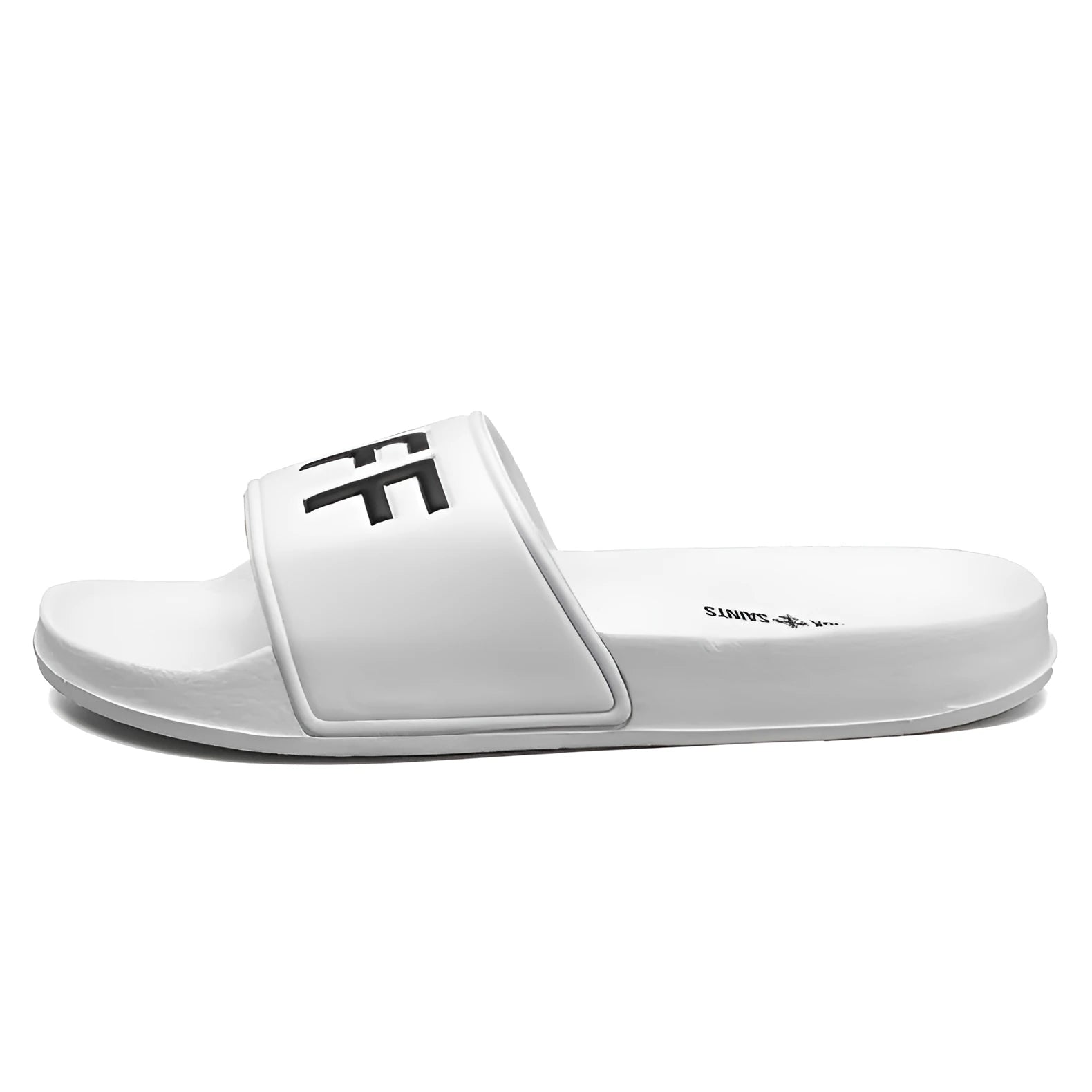 Men's black open toe slippers with a rubber sole on a wooden floor.