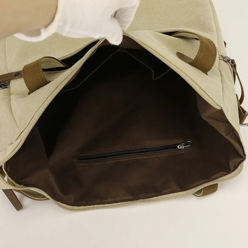 Large capacity soft canvas shoulder bag in khaki with horizontal square shape and outer sandwich pocket
