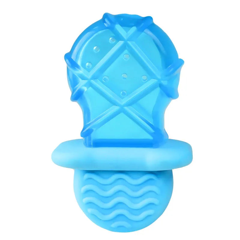 Assorted dog cooling toys including water-filled popsicles, silicone pacifier chews, and rope-attached ring in bright colours
