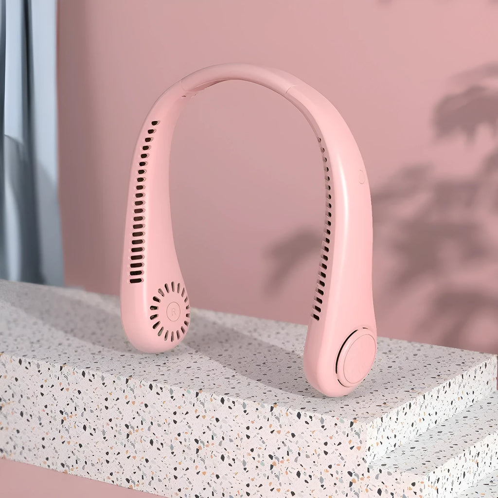 Pink USB rechargeable bladeless neck fan showing adjustable speed controls and flexible neckband