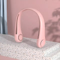 Pink USB rechargeable bladeless neck fan showing adjustable speed controls and flexible neckband