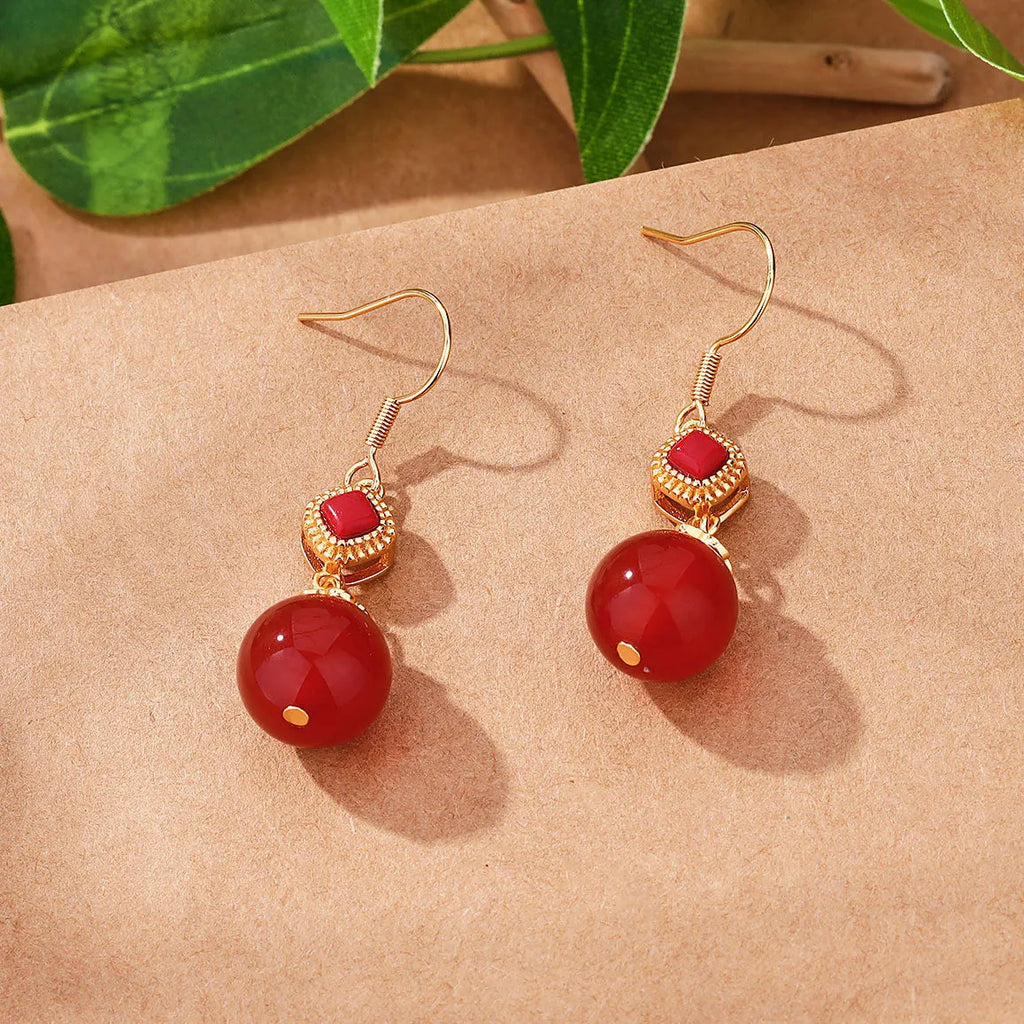 Geometric copper stud earrings with southern red agate beads and jasper inlay featuring S925 sterling silver accents