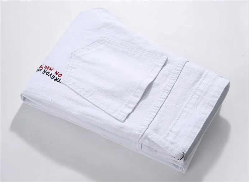 White shredded embroidery jeans for women cotton denim straight leg ankle length high waist distressed pants