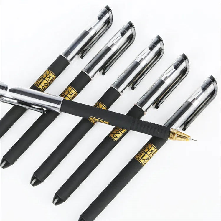 8-pack of black gel pens with snap-on caps, showing needle tip and bullet tip options.