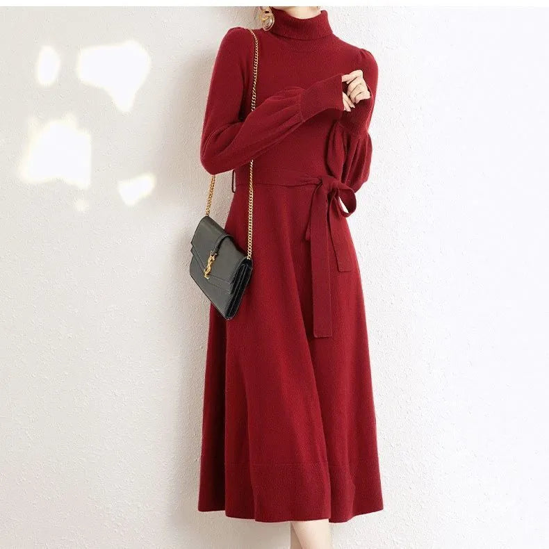 Turtleneck knitted dress with elastic waist and loose big hem in rose red colour