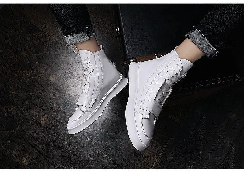 Men's black PU leather ankle boots in high-top sneaker style with microfiber construction