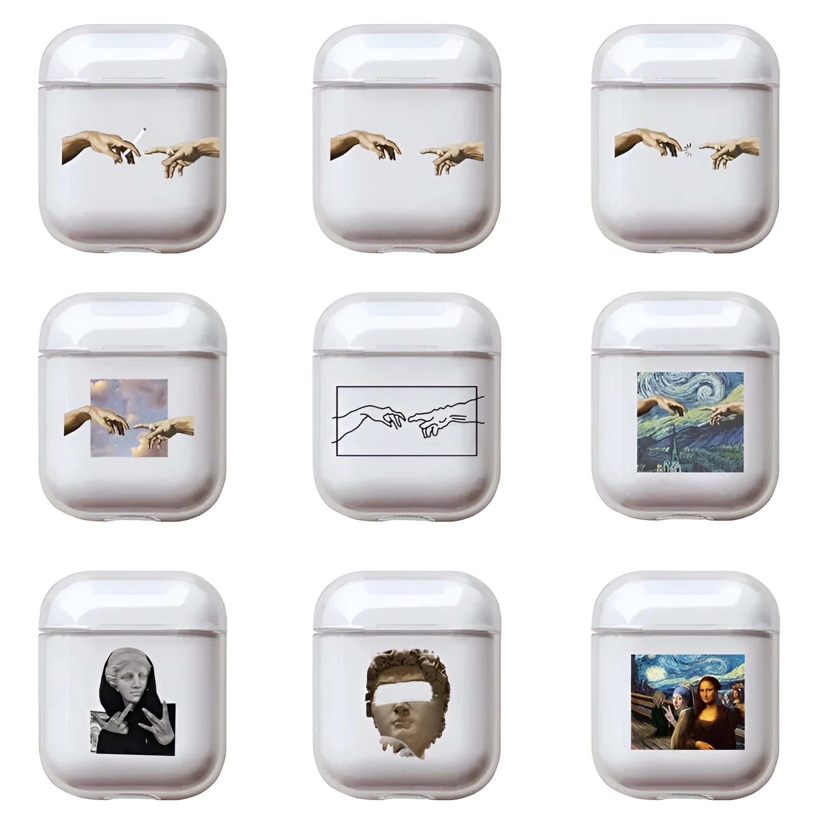 Transparent plastic AirPods protective cover case shown on Apple charging case