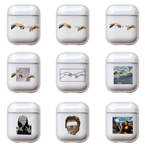 Transparent plastic AirPods protective cover case shown on Apple charging case