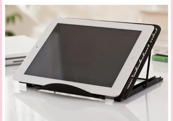 Foldable cold-rolled steel laptop and tablet stand base with six gear positions, shown in silver, measuring 24x19x1.5cm