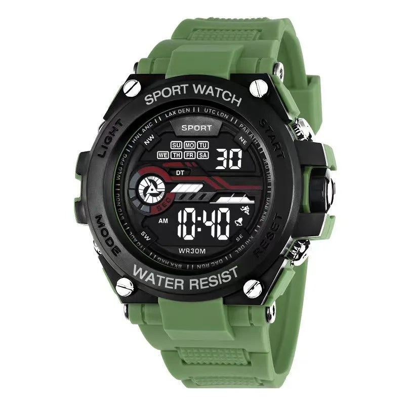 Digital electronic watch with adjustable strap shown in multiple colour options