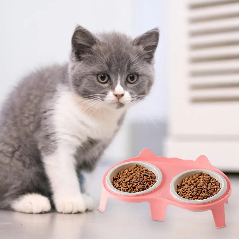 Ceramic cat food and water bowl set with elevated tilted stand in blue, pink, white or yellow