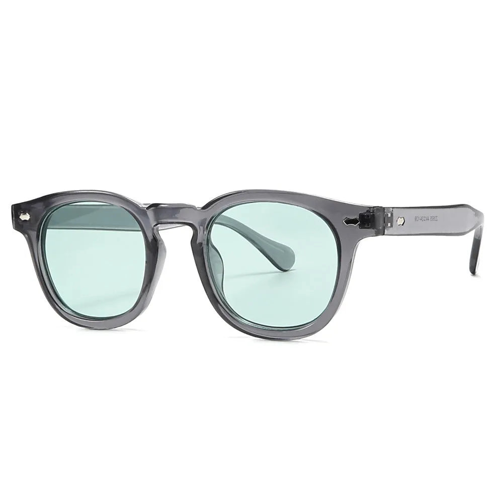 Simple round rim plastic sunglasses shown in a bright black frame with blue lenses on a plain background.