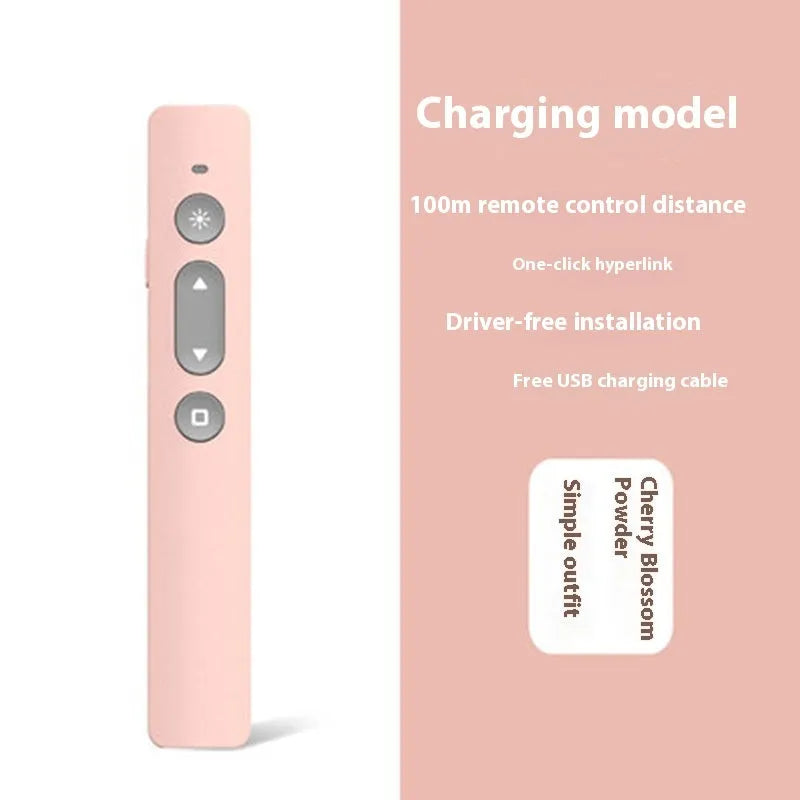 A whiteboard and presentation remote control pen in black, with a USB charging cable.