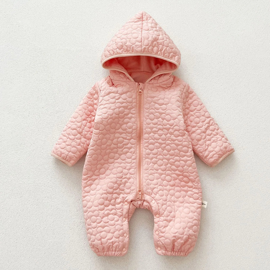 Baby cotton quilted romper with hood in beige, long sleeves, zip-up front