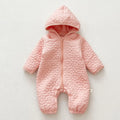 Baby cotton quilted romper with hood in beige, long sleeves, zip-up front