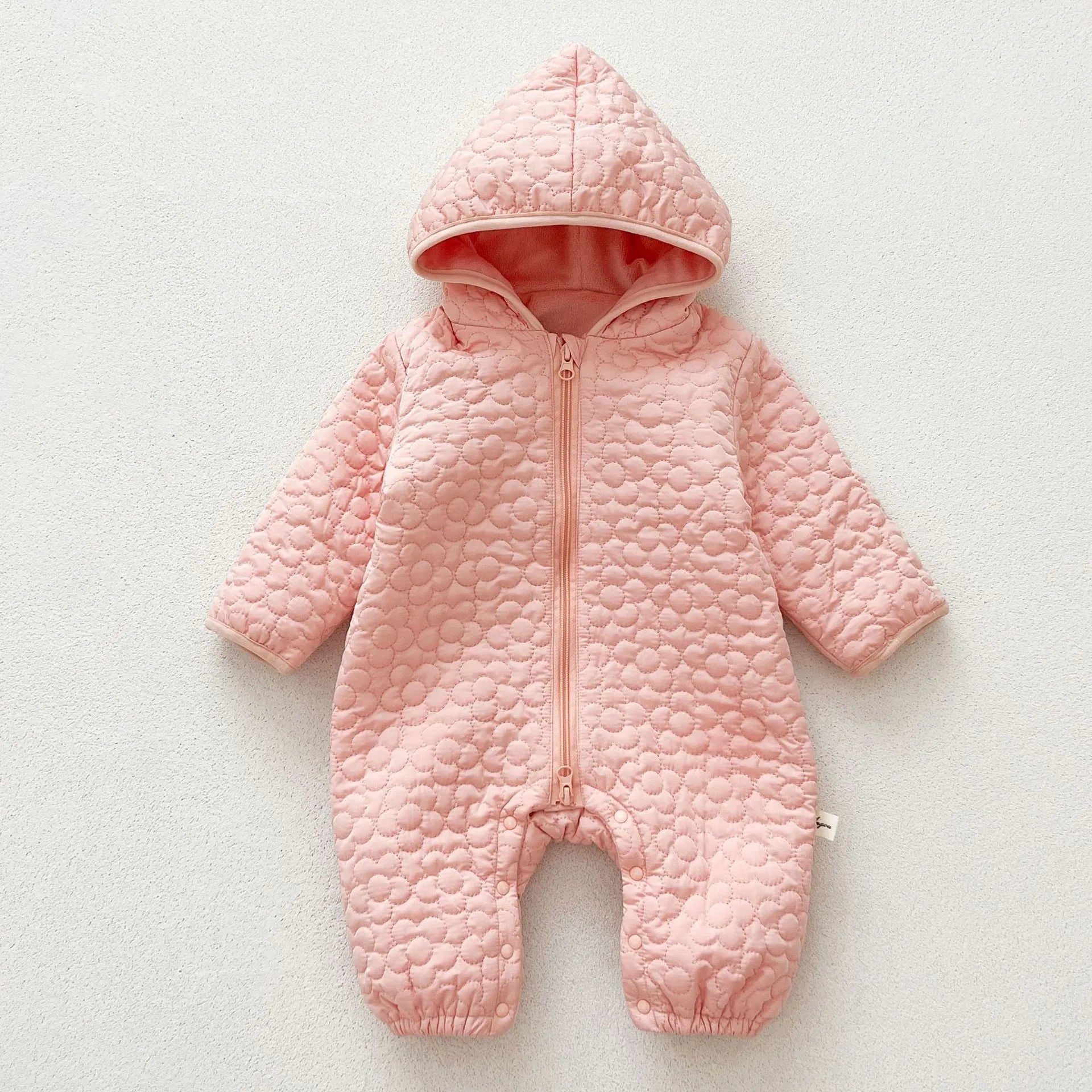 Baby cotton quilted romper with hood in beige, long sleeves, zip-up front