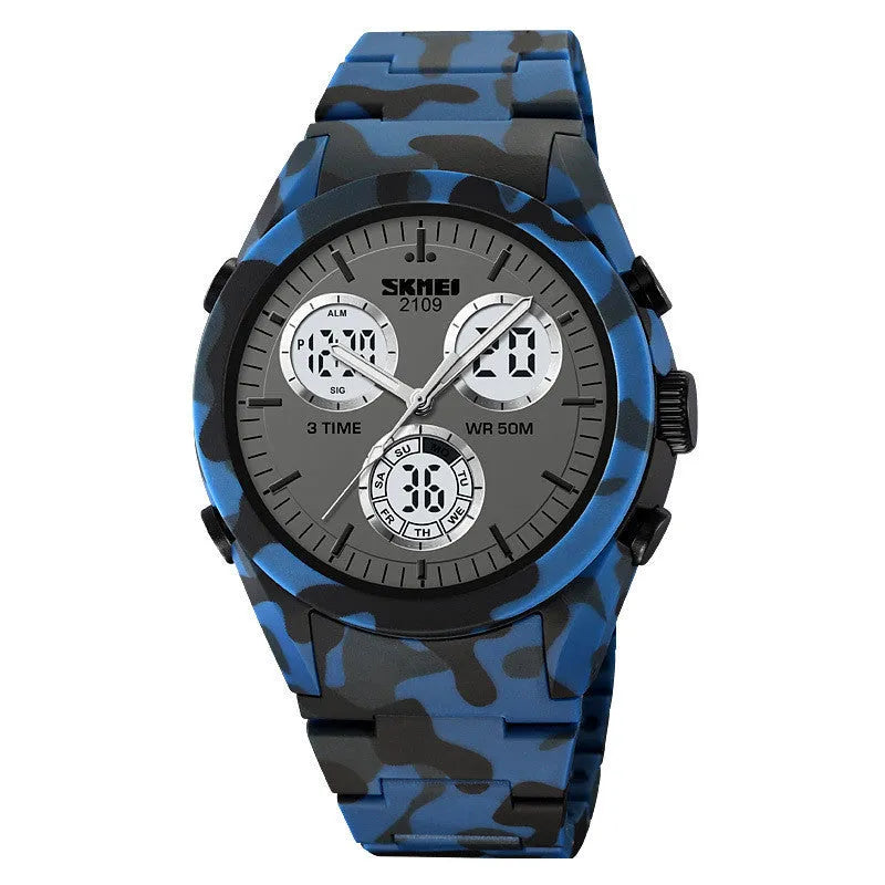 Electronic digital watch with a camouflage TPU strap and resin mirror, showing time on display.