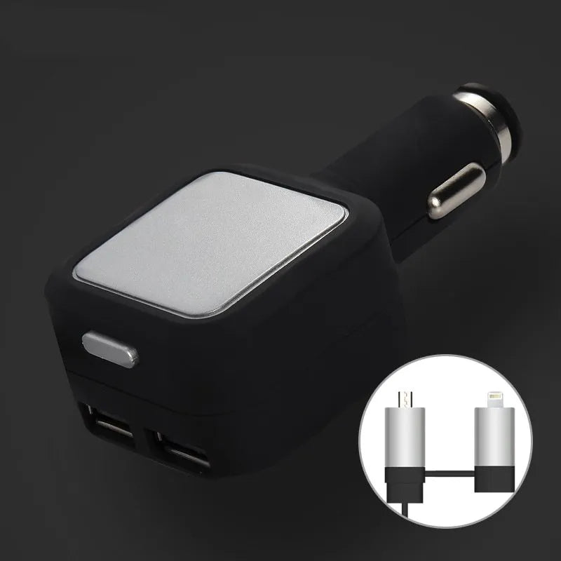 Black and gold dual USB car charger with retractable cable for vehicle use