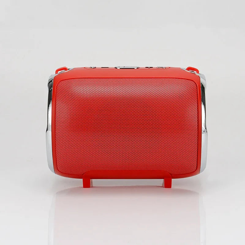 Portable plug-in subwoofer with metal casing in choice of five colours, showing button controls.