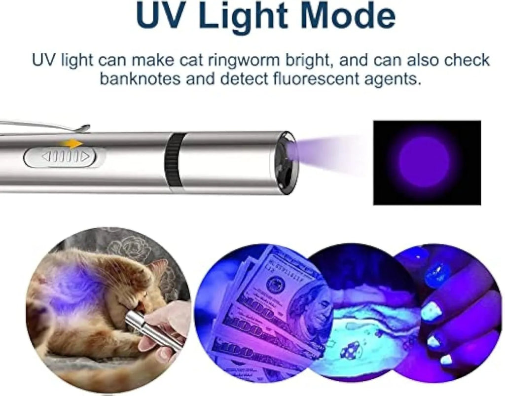 Silver aluminium cat laser toy pointer with multiple pattern modes for indoor pet play
