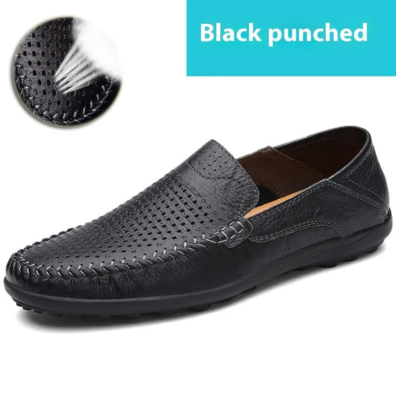 Men's brown leather business casual shoes with round toe and flat heel design