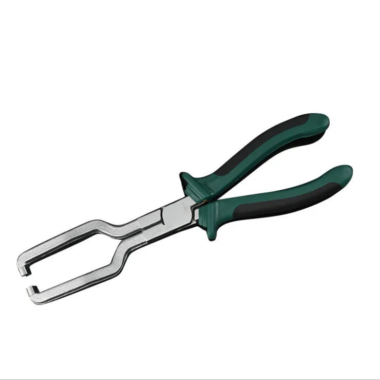 Iron caliper tubing pliers with rubber-coated handles and specialised jaws for fuel line connectors.