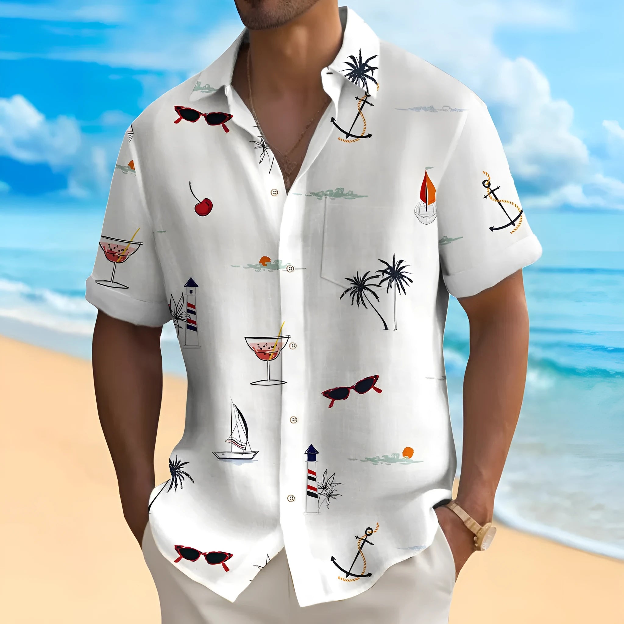 Man wearing a loose-fit digital print Hawaiian shirt in a vibrant colour.