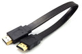 Flat black HDMI cable with male connectors on a white background.