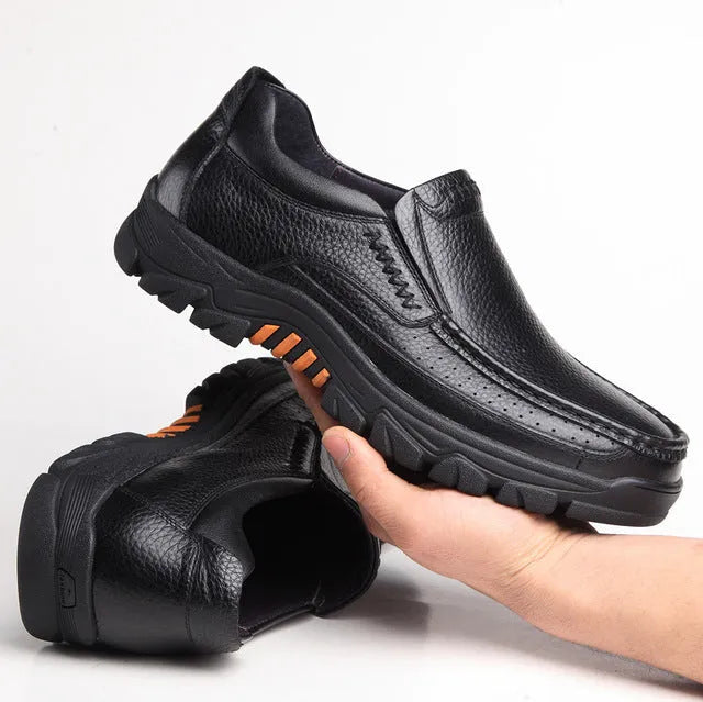 Men's black business casual leather slip-on shoes with rubber sole
