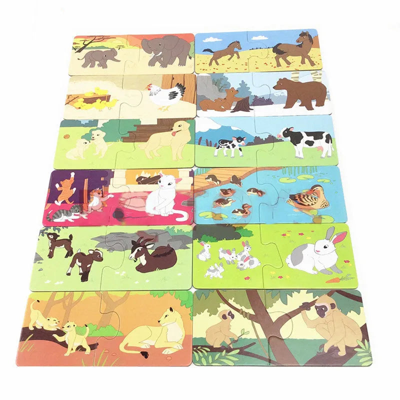 French children's puzzle toy with 12 pairs of thickened paper mosaic cards showing pictures and words.