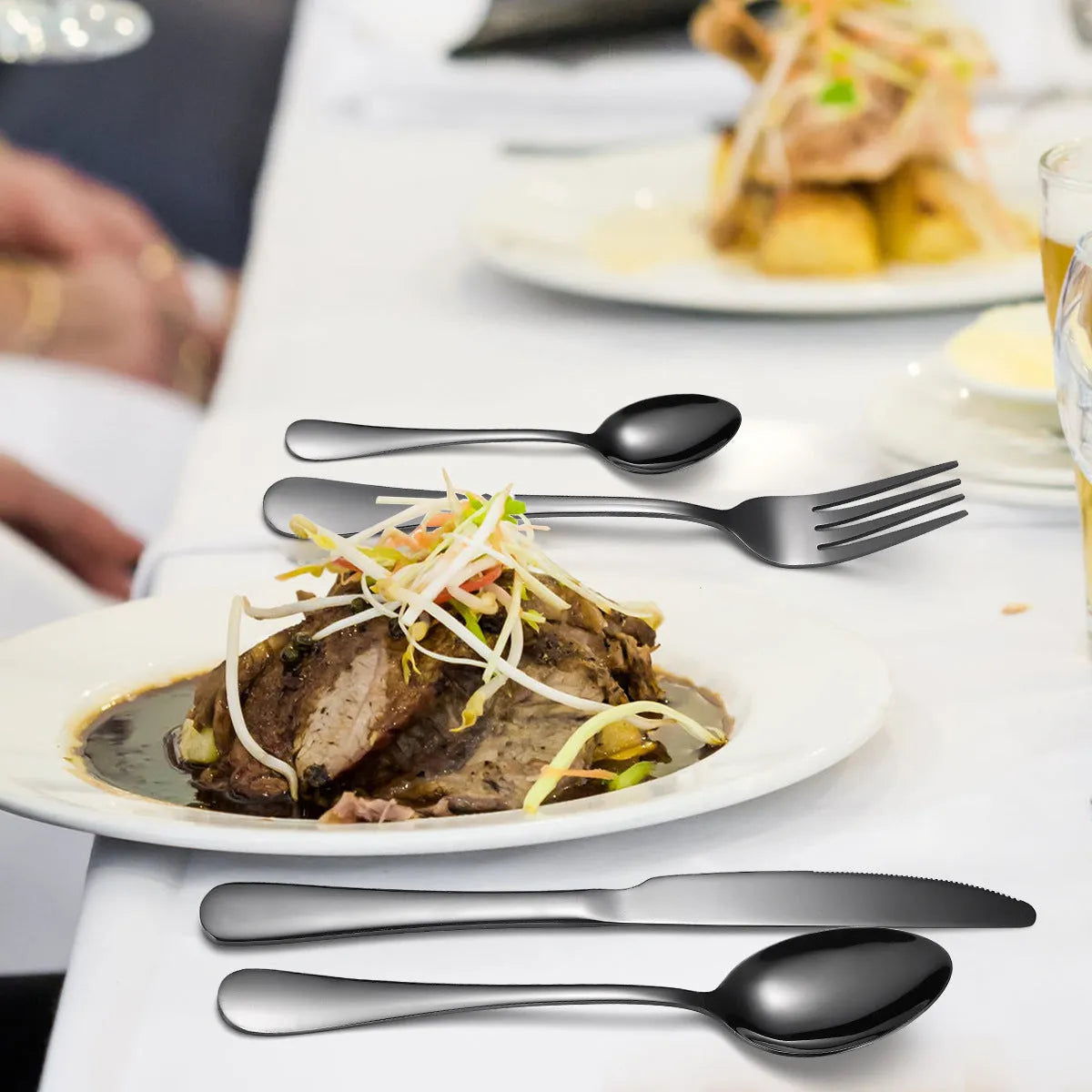 24 piece 18/10 stainless steel cutlery set with silver finish, includes knives, forks, and spoons for service of six