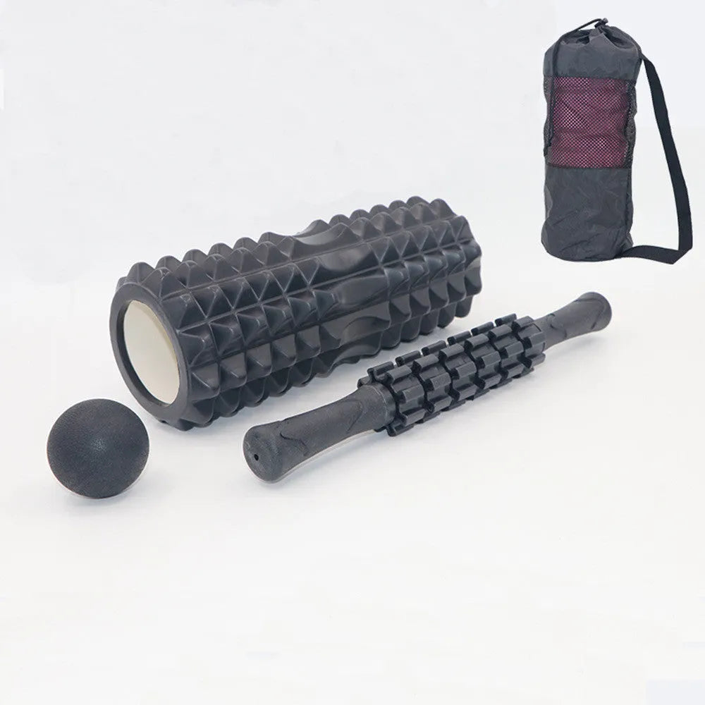 Hollow foam pilates yoga shaft set with crescent model, massage stick, and fascia ball in black