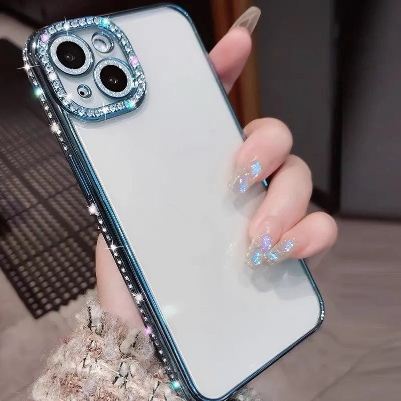 Rhinestone phone case for iPhone in silver with all-inclusive TPU silica gel design