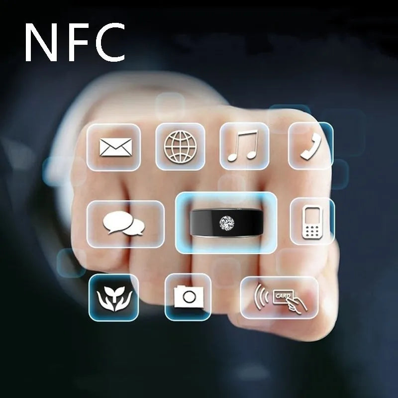 Black NFC multifunctional smart ring on finger for smartphone unlock, waterproof design