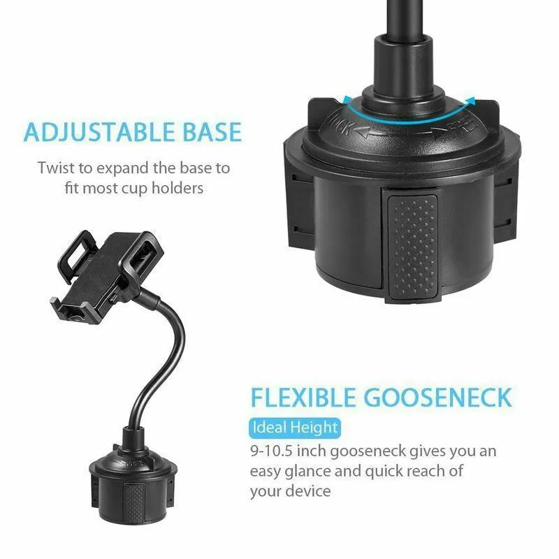 Black universal car phone mount bracket with suction cup and adjustable side handles on windshield