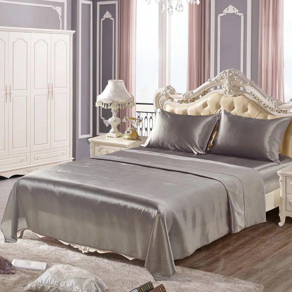Imitation silk bedding set in four pieces with brushed polyester finish, available in multiple colours and sizes