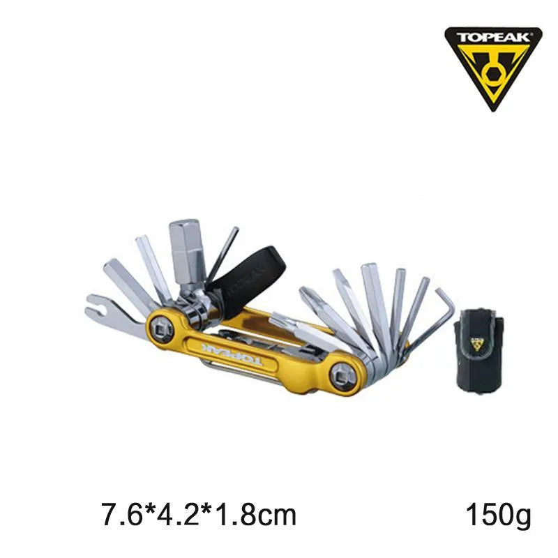 Stainless steel bicycle mountain bike repair kit with multi-tool combination equipment in black and gold finishes