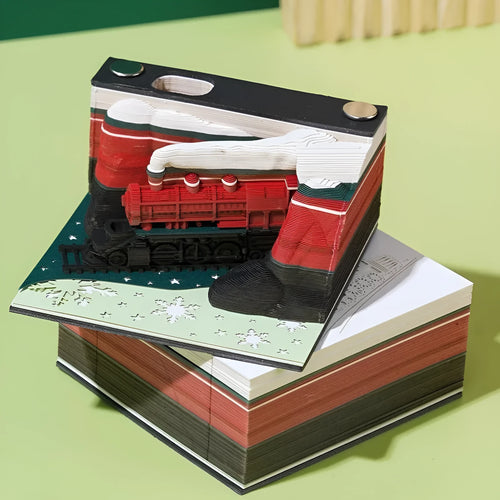 3D sticky note pad for paper carving a Qingshui Temple model with a Christmas train coloured cover.