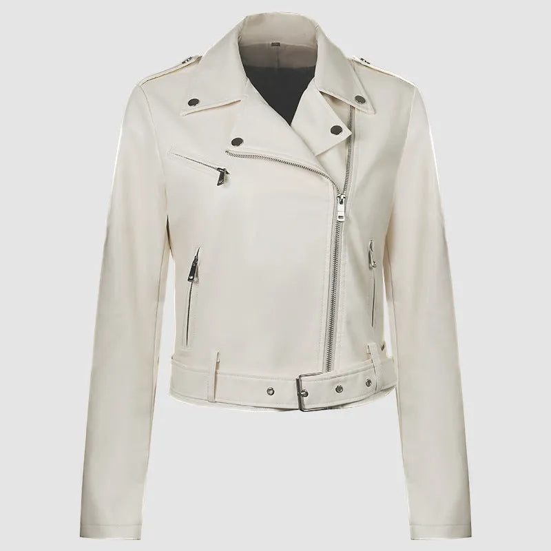 Red women's PU leather motorcycle jacket featuring a short belt on the lapel.