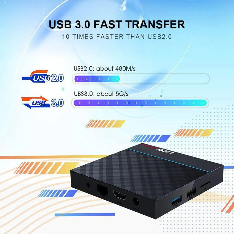 Black T95 Max Plus Android TV box unit with remote, showing UK power plug variant.