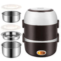 USB-powered electric lunch box showing two-layer and three-layer food container options