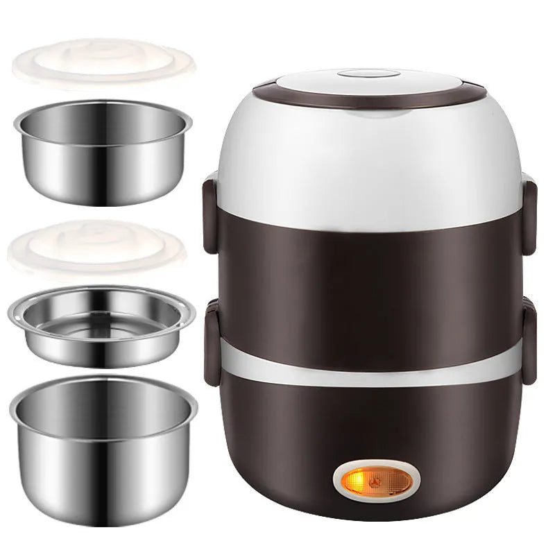 USB-powered electric lunch box showing two-layer and three-layer food container options